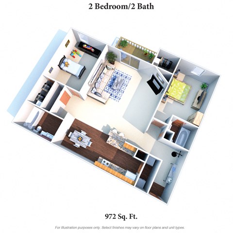 Floor plan for 2 beds, 2 baths, 972 sqft